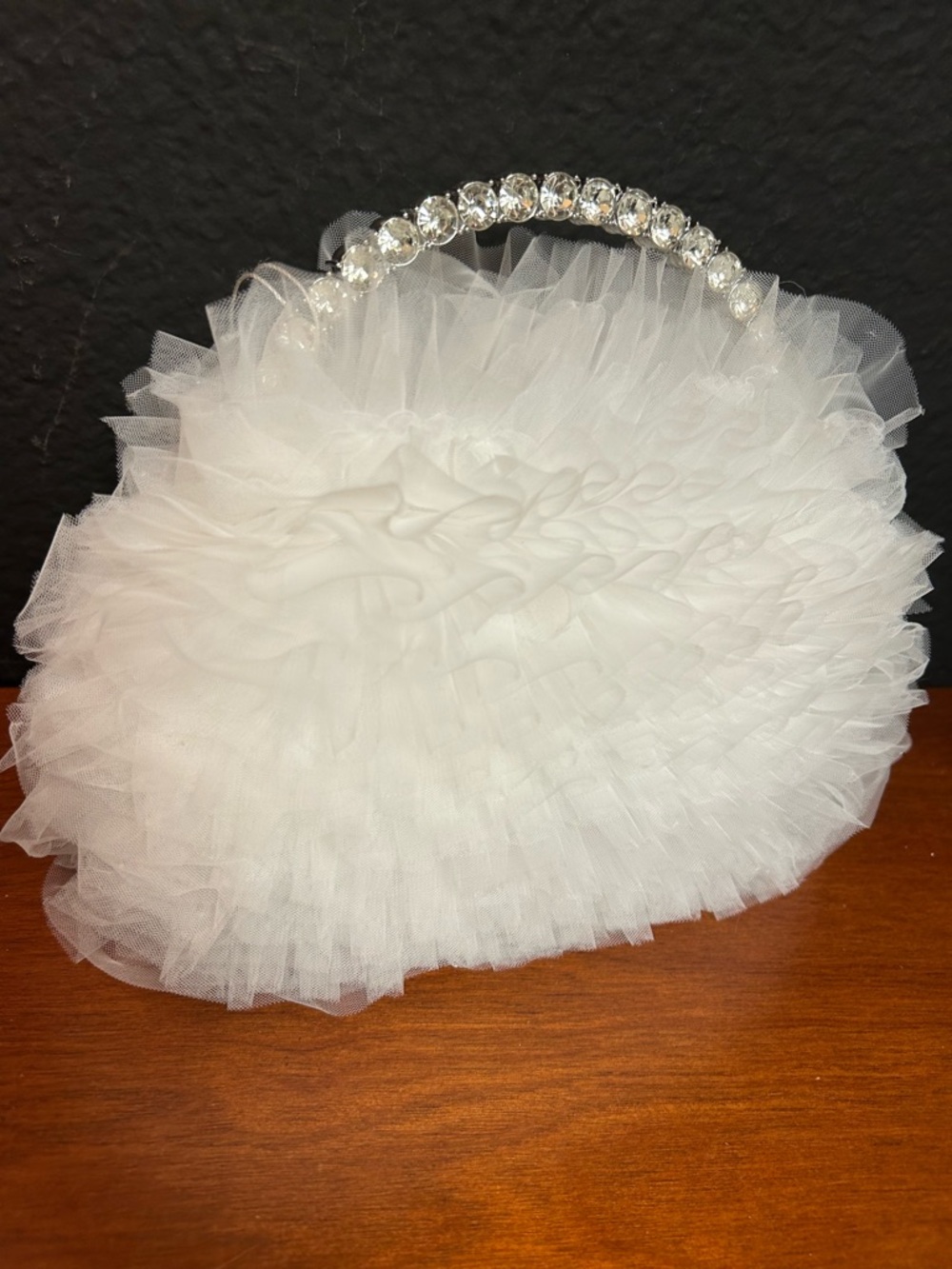 Jewel Badglely Mischka Jazzie Tulle White Ruffle Evening Bag with Crystal Handle - Picture 6 of 8